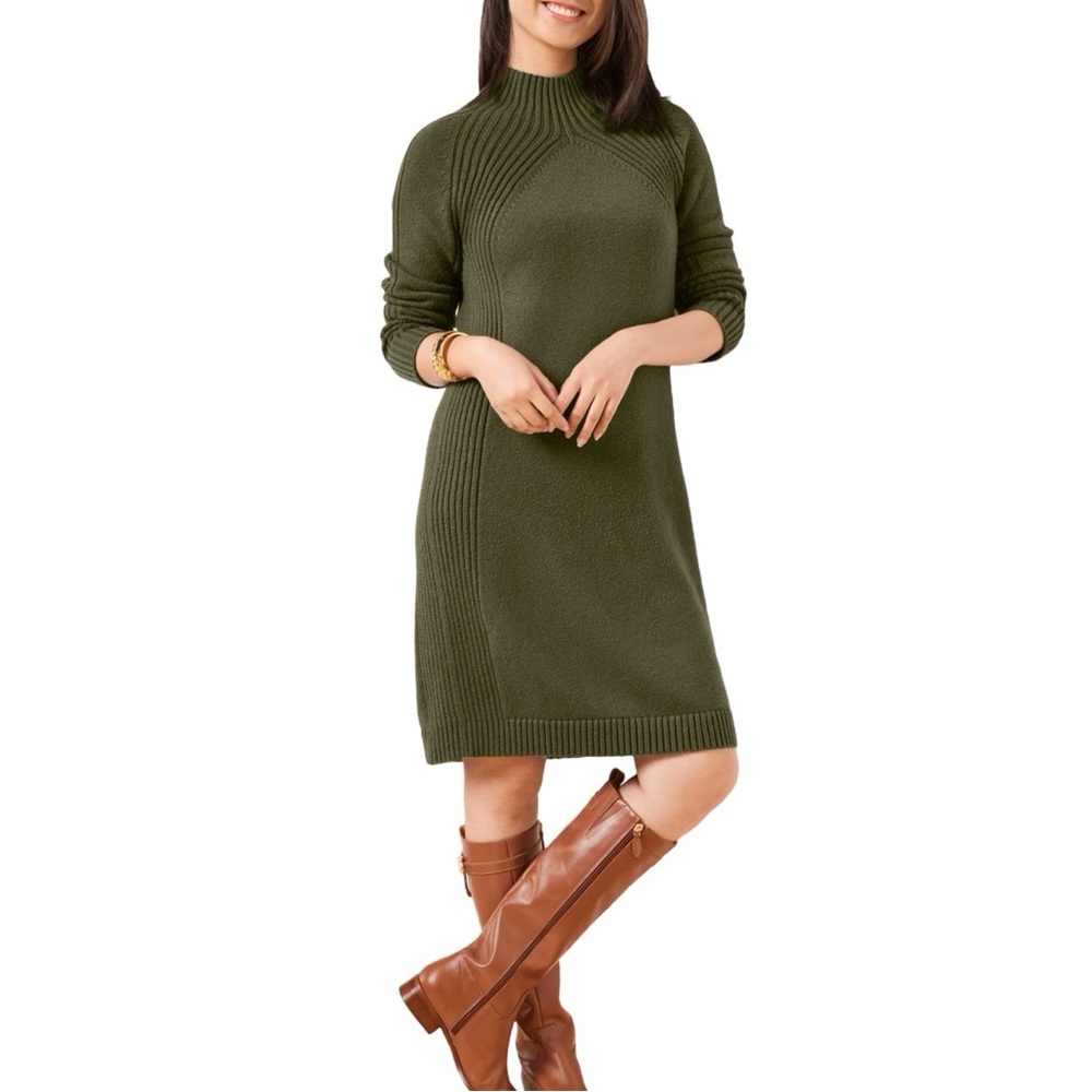 Talbots Olive Green Mockneck Sweater Knit Dress Petite Size Medium